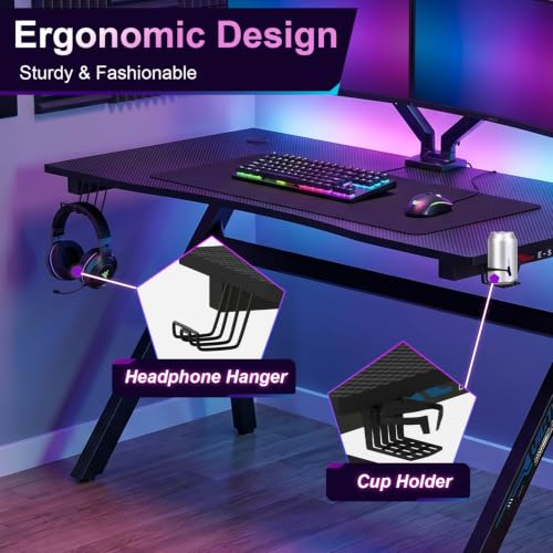 47-Inch R-Shaped Gaming Desk - Black & Blue Computer Table, Easy Assembly