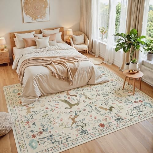 Yidanamy 8x10 Beige Boho Floral Washable Area Rug for Living Room & Bedroom