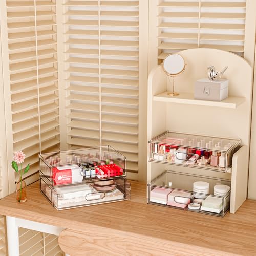 Aurblozen 2-Tier Clear Acrylic Makeup Organizer with Drawer, 12"W