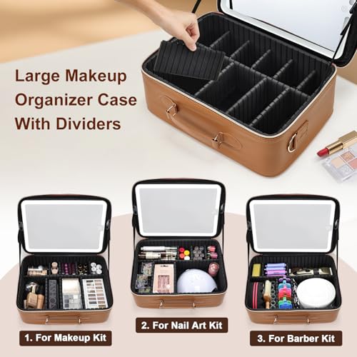 Faquenc Brown Large Makeup Train Case with LED Mirror, Travel Organizer