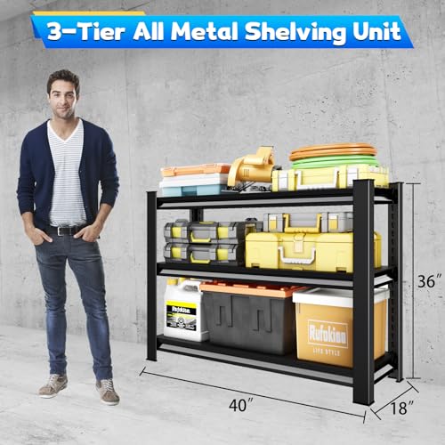 40-Inch Black Heavy Duty Garage Shelving Unit, 1500LBS Capacity, Adjustable 3-Tier Metal Storage Rack