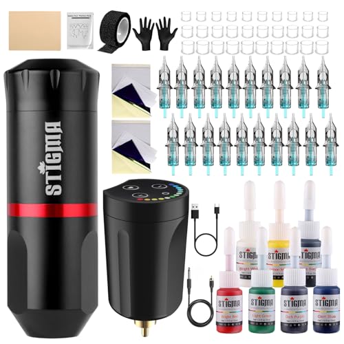 STIGMA White Wireless Rotary Tattoo Gun Kit with 20 Needles & 7 Ink Colors