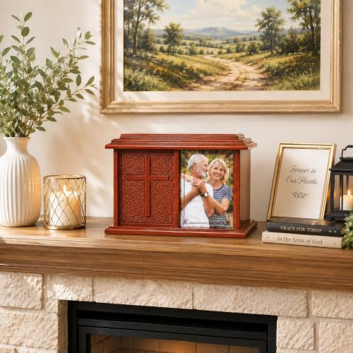 Double Companion Urn with Cross & Photo Frame - Holds Up to 400 Cubic Inches, Wooden Memorial for Husband & Wife - Variation: Cross