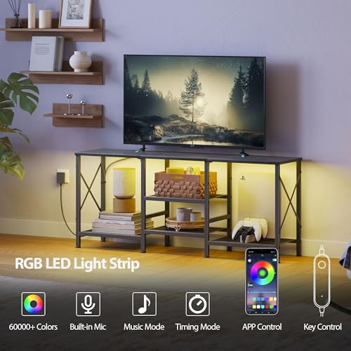 JARHETUN TV Stand for 55 Inch TVs with LED Lights, Black Entertainment Center with 3 Open Shelves and Remote Control