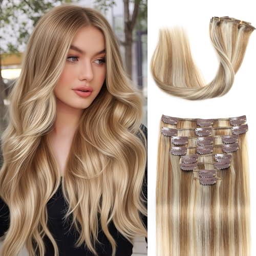 Light Blonde Highlighted Clip-In Hair Extensions 18 Inches - Seamless Real Human Hair for Women