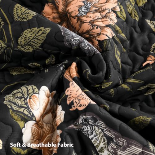 Black Floral California King Quilt Set - 3 Pieces Summer Boho Bedspread & Pillowcases