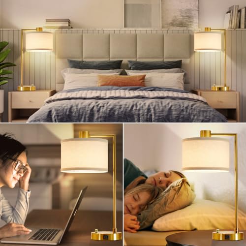 Gold Dimmable Table Lamp Set of 2 with USB-C & A Ports - Bedside Nightstand Lamps