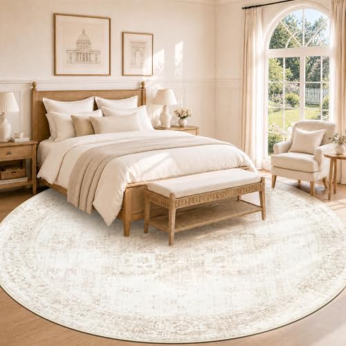 8ft Washable Round Rug with Non-Slip Backing - Vintage Boho Medallion Carpet for Living Room & Bedroom - Beige