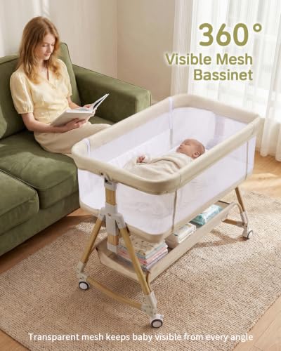Baby Bassinet Bedside Crib - 3-in-1 Rocking & Folding Bed with Wheels, Adjustable Height, Mesh Sides - Beige
