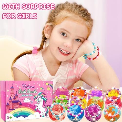 Unicorn Bath Bombs for Girls with Surprise Jewelry - Kids Organic Scented Bath Bombs Set - Birthday Gift, Toddler & Kids Ages 3-8, 12 Pack