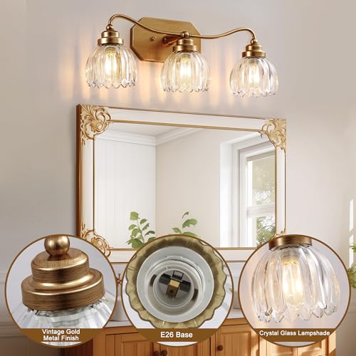 Brushed Gold 3-Light Vintage Vanity Lights with Clear Glass Shades - Antique Brass Finish