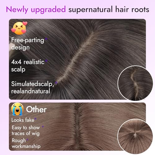 Eawwii 26-Inch Wig with Bangs Realistic 4x4 Scalp, Brown Blonde Highlight