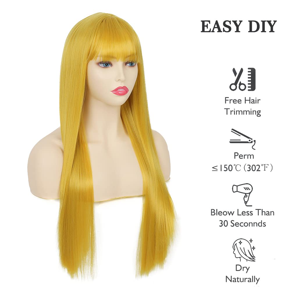 Tseses Yellow Long Straight Wig with Bangs for Women Cosplay Halloween Party Daily Hair Wigs Heat Resistant Synthetic Halloween Wig