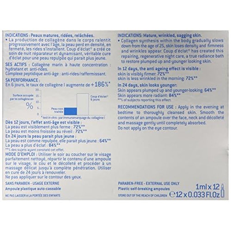 Coup d'Eclat 12 Piece Marine Collagen Ampoules - Anti-Aging Skin Care, Rejuvenating Facial Serum for Fine Lines & Wrinkles, Plumping & Hydrating, 12 Ampoule Serum for Face