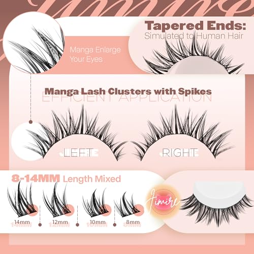 JIMIRE Manga Lash Clusters Natural Look Anime Eyelash Clusters Cute 8-14MM Wispy Fairy Cluster Eyelash Extensions with Spiky 100 Pcs Manga Individual Lashes with Thin Band
