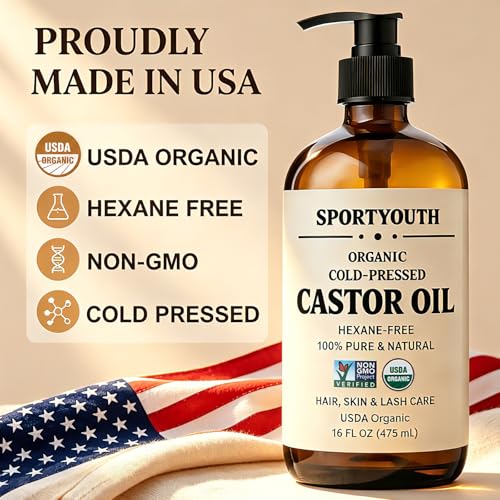 SPORTYOUTH USDA Organic Castor Oil 16oz Dark Glass Bottle with Pump - Cold Pressed & Pure