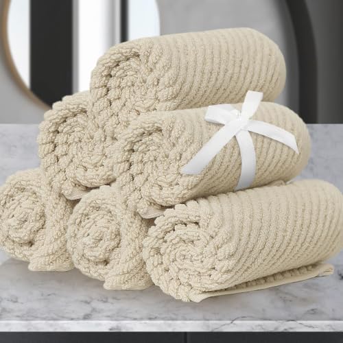 6 PC Cotton Washcloths Set - Tan Beige, Soft Quick-Dry Low Lint 13x13 Inches