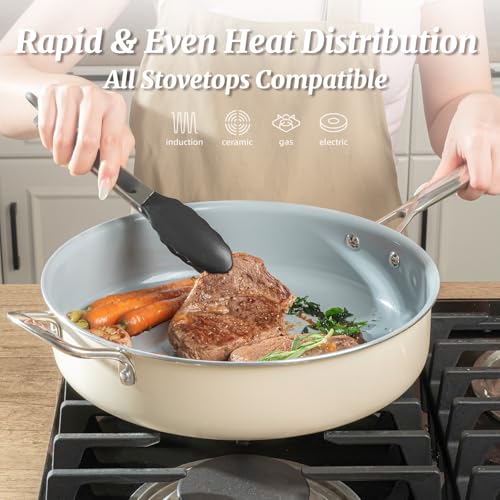 Cream White Nonstick 12-Inch Deep Frying Pan with Lid - 5 QT Sauté Pan for Induction Cooking