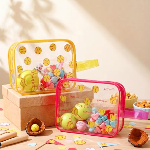 24 Pcs Softball Clear Makeup Bags with Zipper Bulk Sport Goodie Clear PVC Pouch Organizer Waterproof Travel Case for Woman Team Gifts Birthday Decorations Supplies