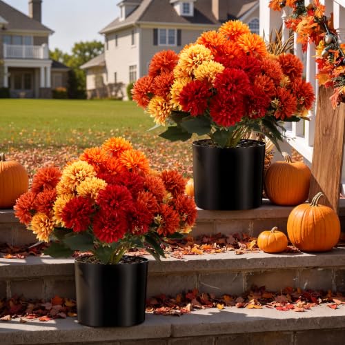 Artificial Fall Pom Pom Mums Flower Set in 15-Inch Vases - Fall Colors / Mums