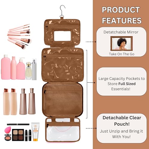 Women's Travel Toiletry Bag with Removable Pouch & Hanging Hook - Water Resistant Off White Faux Leather