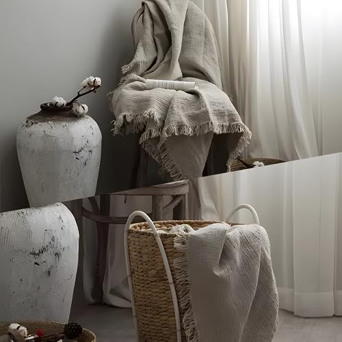 Linen Throw Blanket 79x57 Inches - Natural Flax, Soft, Breathable Bed Cover - MINUPWELL