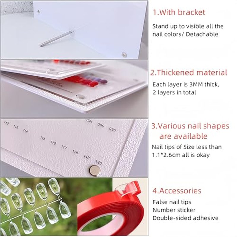 Acycoin2A 120 Nail Color Display Board Nail Art Sample Chart Acrylic Gel Polish Rack Colors Showing Shelf with False Nail Tips and Number Sticker