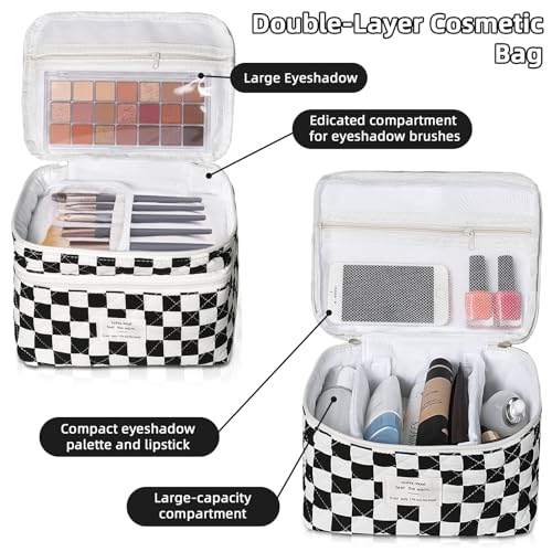 Gosect Large Capacity Quilted Makeup Bag - Black Checkered Travel Cosmetic Organizer for Women & Girls