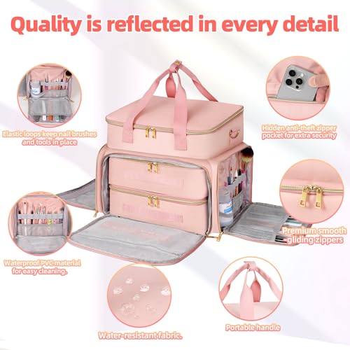 DERSTUEWE Pink Nail Polish Organizer Case Travel Bag with Hard Bottom & Adjustable Dividers