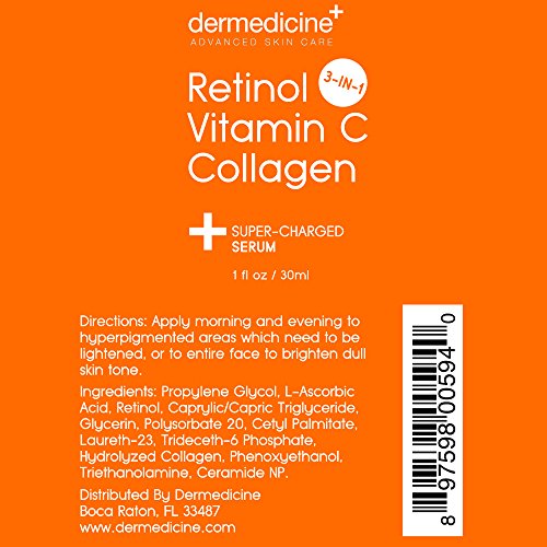 Dermedicine 1 Fl Oz Retinol Vitamin C Collagen Face Serum with Hyaluronic & Ceramides