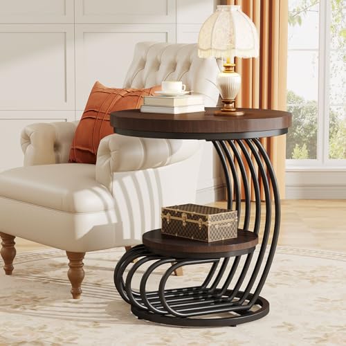 Rustic Brown Round End Side Table with 2-Tier Storage - Arc-Shaped Frame