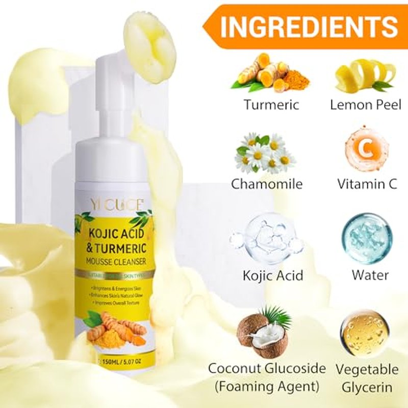 2 Pack Turmeric Cleansing Mousse,Kojic Acid Facial Cleanser for Fce Wash and Firming Skin,Remove Excess Keratin-Deep Clean Pores 150ML