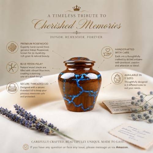 Small Cremation Urn for Human Ashes - Vintage Rosewood Keepsake Memorial - Blue Resin Inlay - 20 Cubic Inches