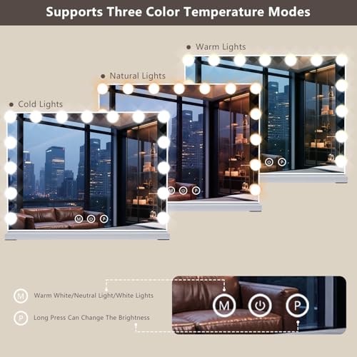 Hollywood Vanity Mirror with Lights, 15 Dimmable Bulbs, 3 Color Lights,Make Up Lighted Mirror, Aluminum Metal Frame, USB Charging Port£¨23" x 18"£©