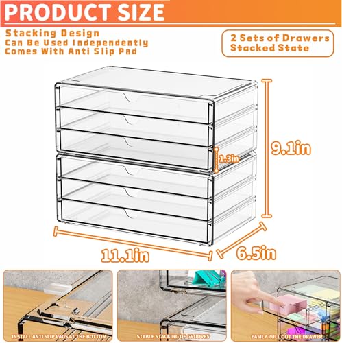 Large 6-Drawer Acrylic Storage Organizer Set - Stackable Desk & Makeup Drawers - 2 Pack