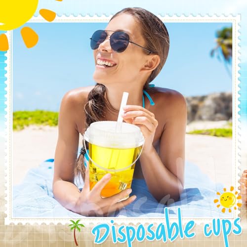 Funnymoom 100 Pack 34 oz Clear Plastic Drink Buckets with Lids & Straws for Events