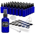 Nevlers Small Glass Spray Bottles 4 Oz 48 Pack | Cobalt Blue Bottle Set w/Labels, Marker, Brush, Funnel & Shrink Wrap | Mini Spray Bottle for Oil | Practical Plant Spritzer & Glass Cleaning Bottles