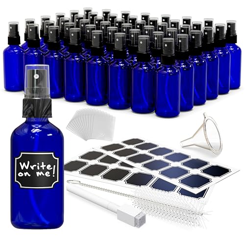 Nevlers Small Glass Spray Bottles 4 Oz 48 Pack | Cobalt Blue Bottle Set w/Labels, Marker, Brush, Funnel & Shrink Wrap | Mini Spray Bottle for Oil | Practical Plant Spritzer & Glass Cleaning Bottles