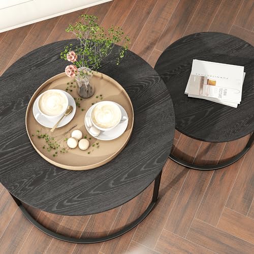 HOJINLINERO Black Nesting Coffee Table Set of 2 - Space-Saving Wooden Cocktail Tables