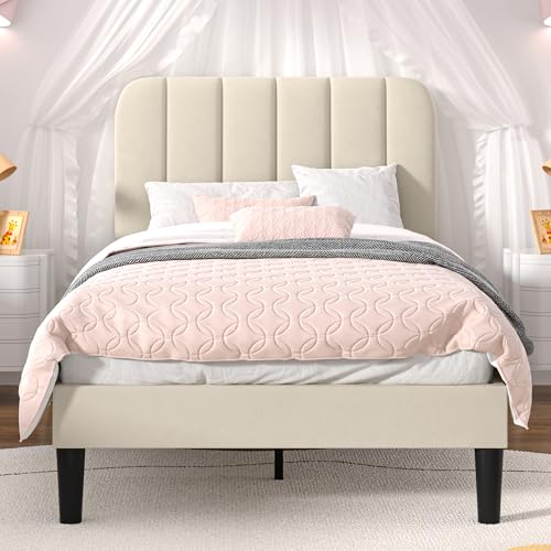 Twin Size Upholstered Bed Frame with Adjustable Headboard - Bone Beige