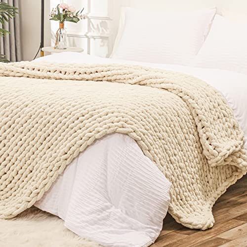 Bigacogo Beige Chunky Knit Throw Blanket 60x80 Inches Over Size Couch Blanket