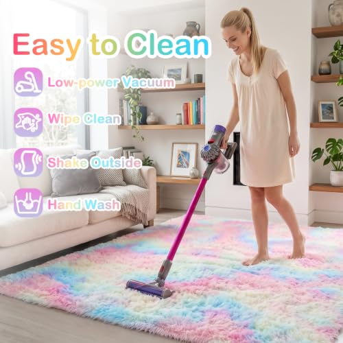 PAGISOFE 6x9 Rainbow Fluffy Area Rug for Bedroom Kids & Girls, Plush Shaggy Carpet