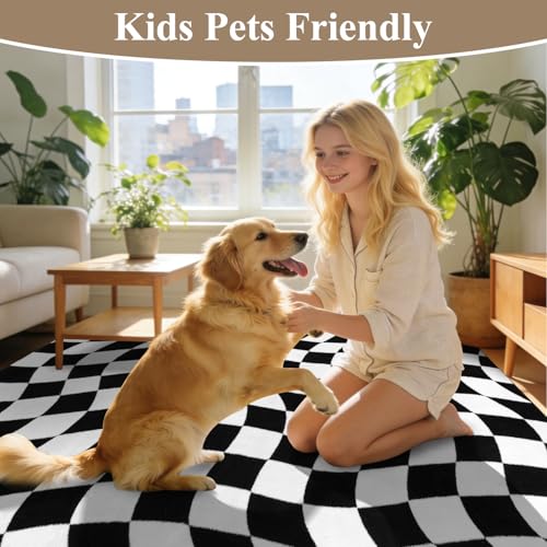 Black 6x9 Checkered Non-Slip Washable Area Rug for Living Room
