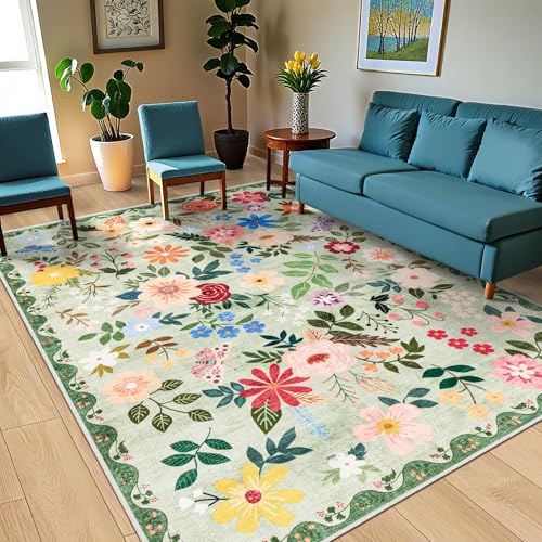 Green 8x10 Floral Area Rug - Washable Boho Living Room Carpet