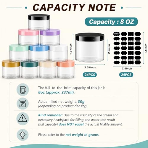 Clear 8 oz Cosmetic Jars with White Lids & Labels - 24 Pack, Variation: White Lid