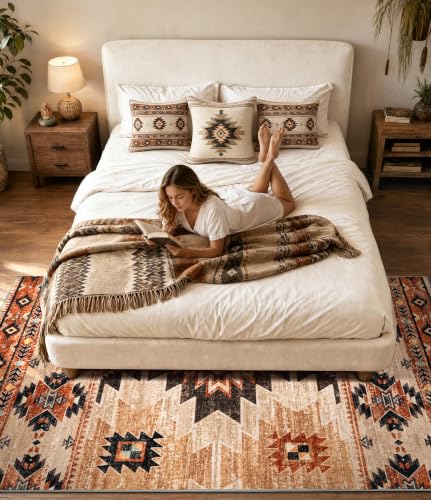 Washable Western Aztec Area Rug 6x9 ft - Terracotta Tribal Pattern for Living Room