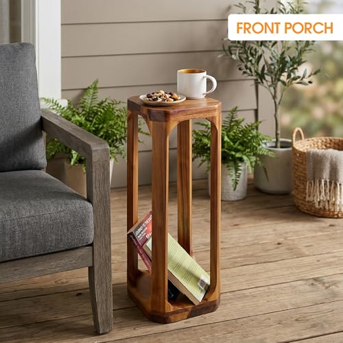 Small Square Side Table - 24 Inch Tall Acacia Wood End Table for Sofa, Balcony, Small Spaces