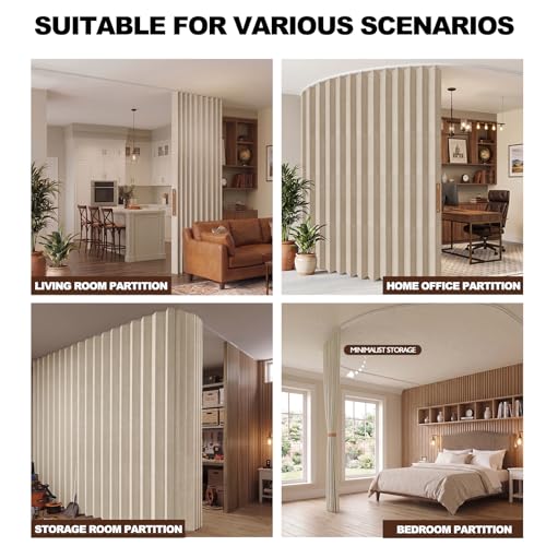 Jilron Accordion Room Divider with Ceiling Track, 100"W x 96"L, Beige, Easy Setup