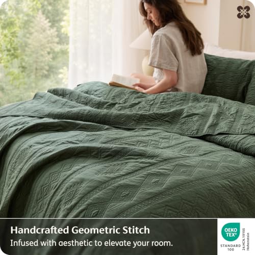 Bedsure PureWoven 100% Cotton Quilt Set Queen Olive Green - Tribal Geometry