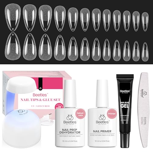 Beetles Gel Nail Kit Medium Almond with 576 Half Matte Nail Tips & UV Lamp (B-Almond M 576pcs)